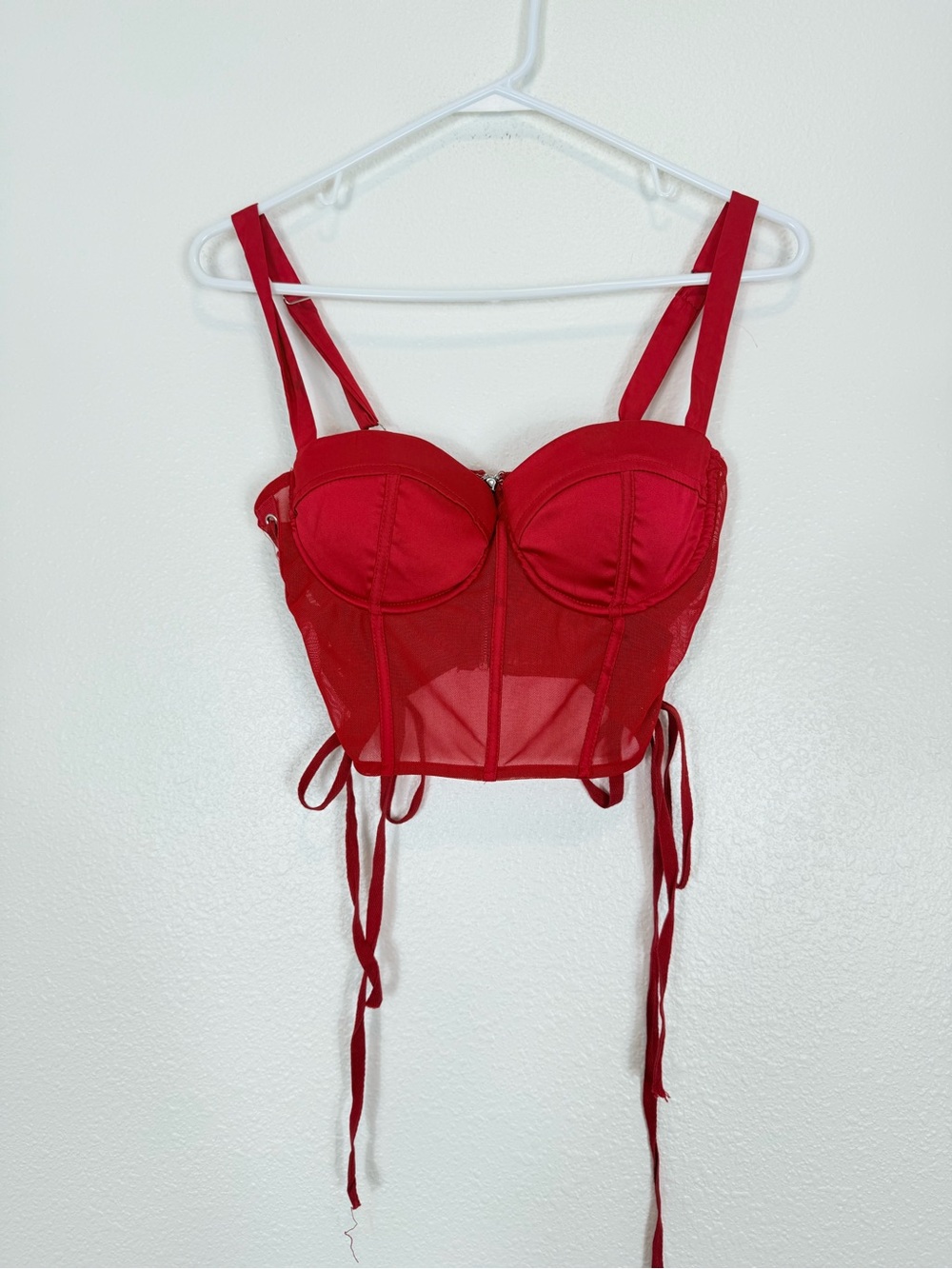 Red Mesh Bustier Crop Top with Structured Cups Corset Red